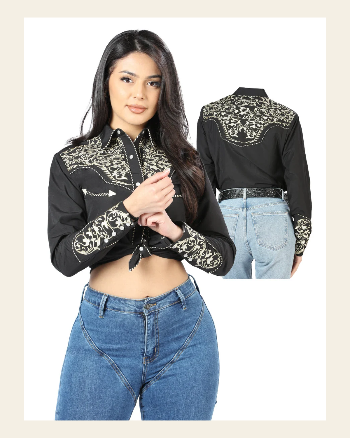 Women's Traditional Embroidered Western Shirt - Black/Gold 44190 on a warm cream background