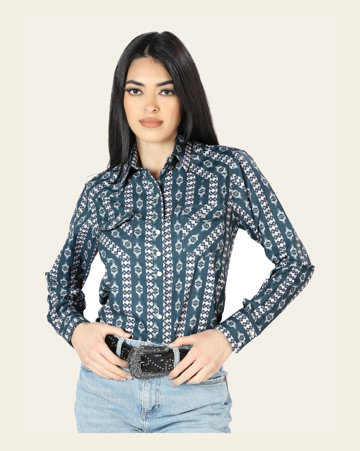 Women's Long Sleeve Western Snap Button Shirt - Blue 44202 on a warm cream background