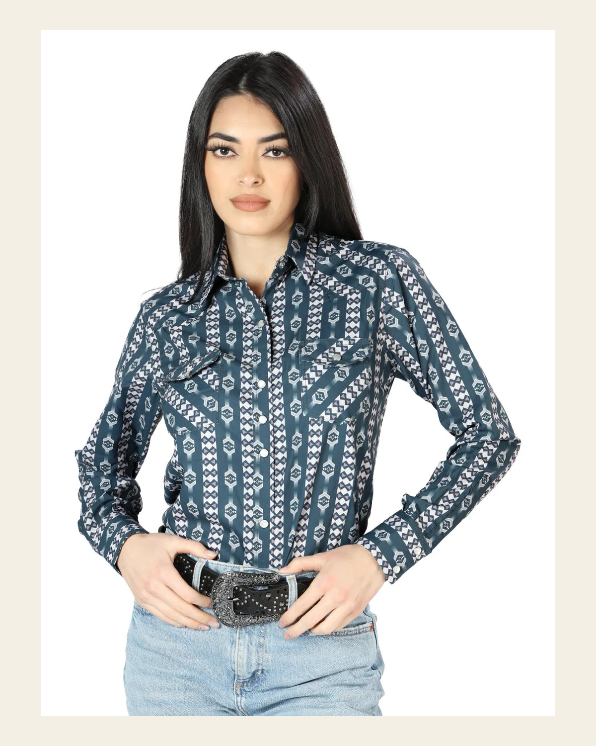 Women's Long Sleeve Western Snap Button Shirt - Blue 44202 on a warm cream background