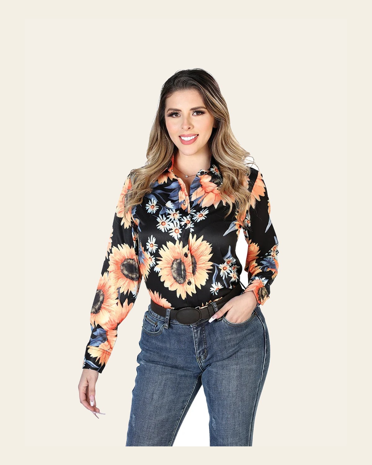 Womens Black/Sunflowers Long Sleeve Western Shirt 43900 on a warm cream background