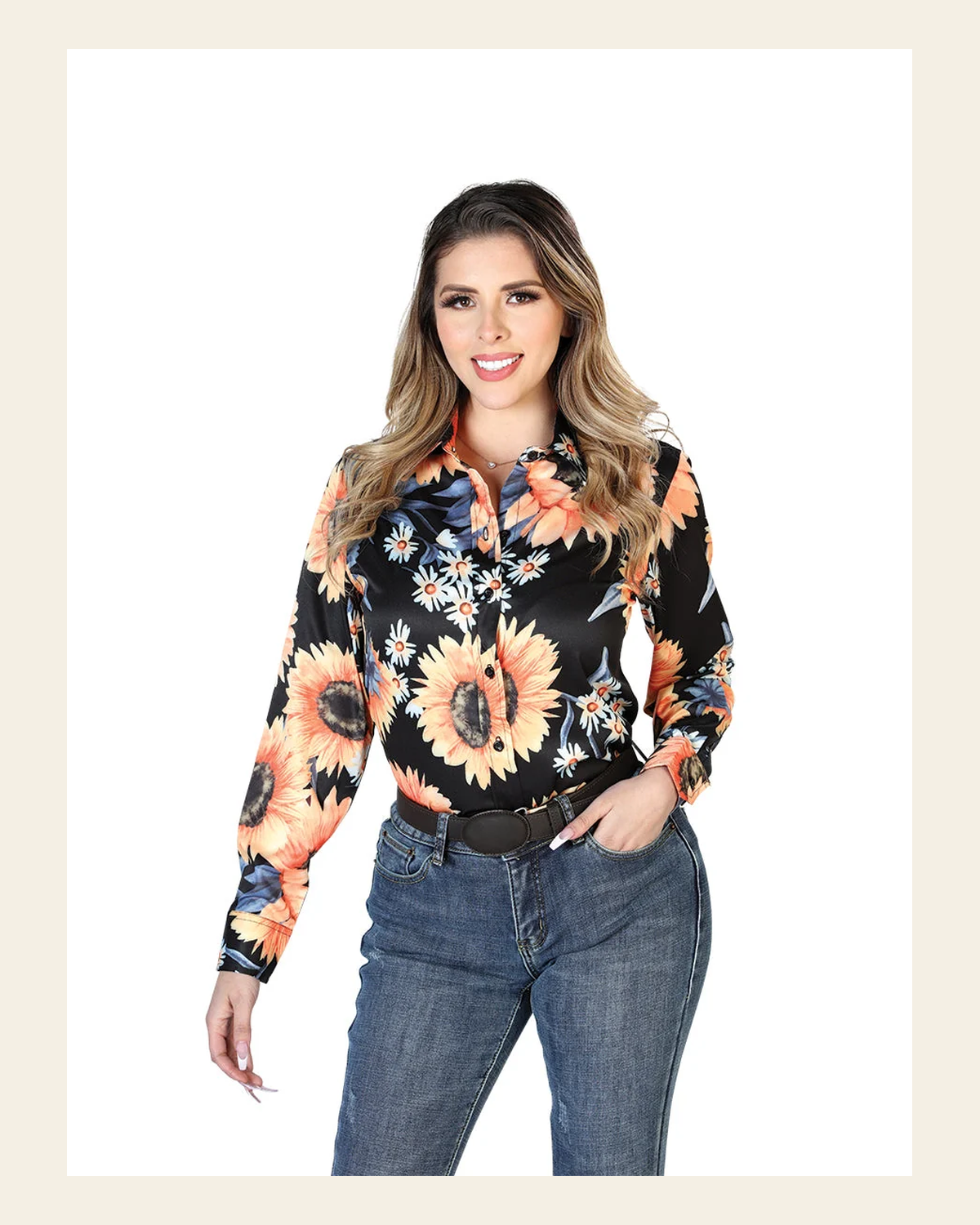 Womens Black/Sunflowers Long Sleeve Western Shirt 43900 on a warm cream background