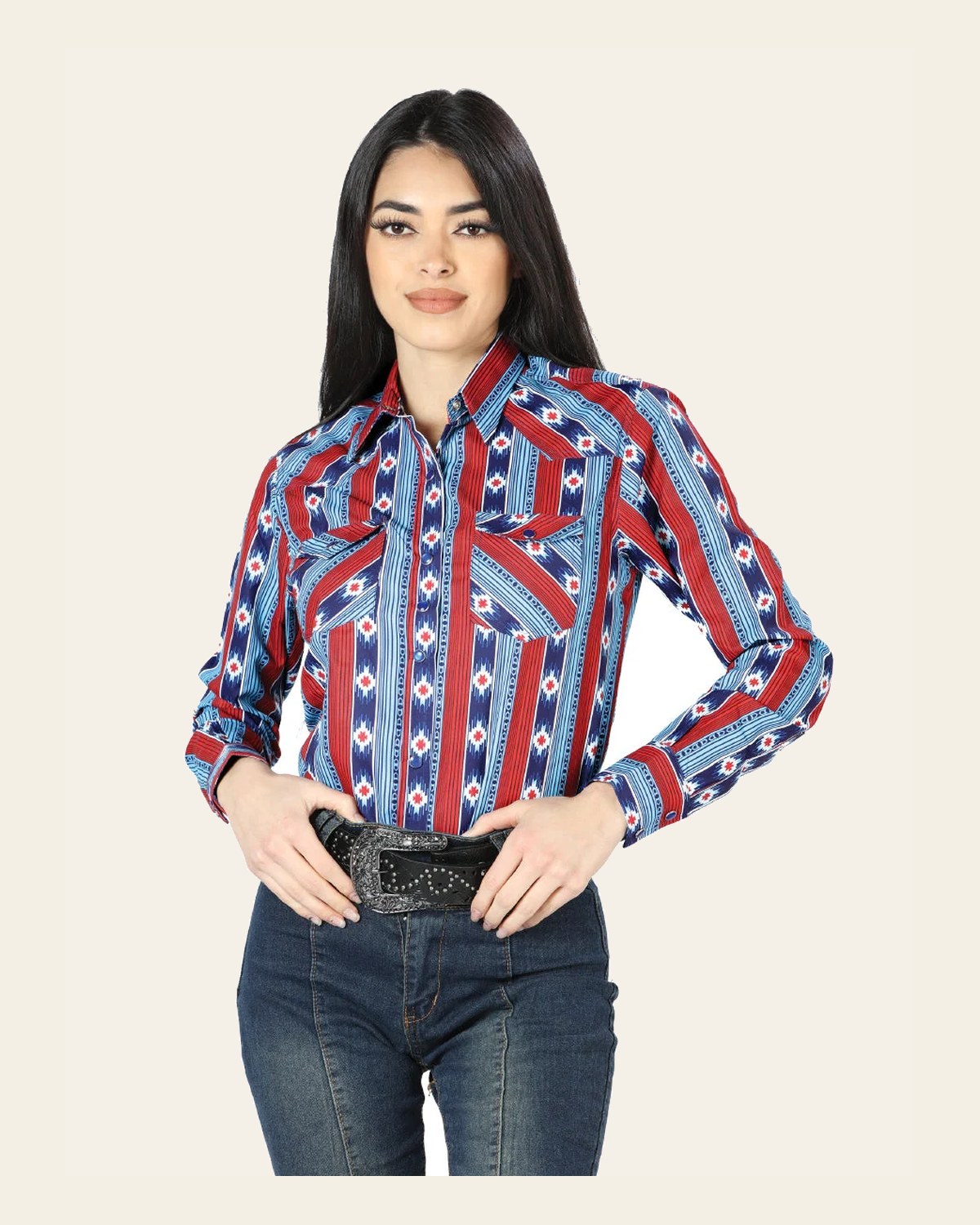 Women's Long Sleeve Western Fashion Snap Button Shirt - Blue/Red 44213 on a warm cream background
