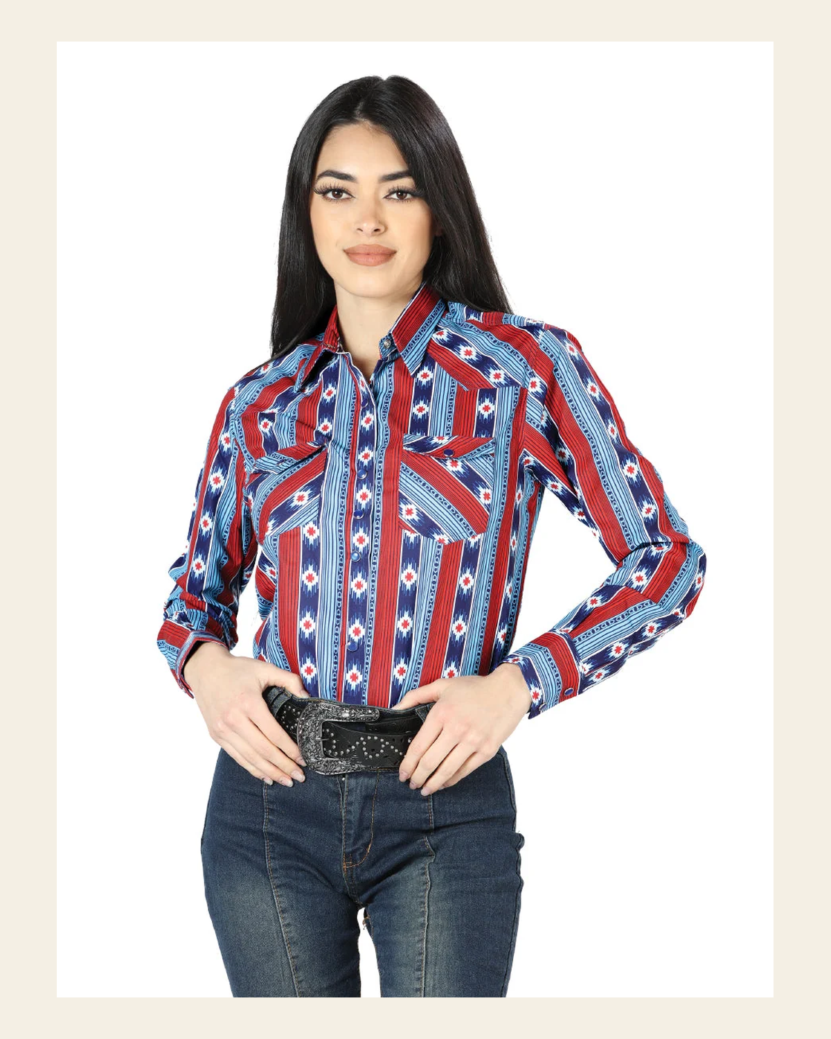 Women's Long Sleeve Western Fashion Snap Button Shirt - Blue/Red 44213 on a warm cream background