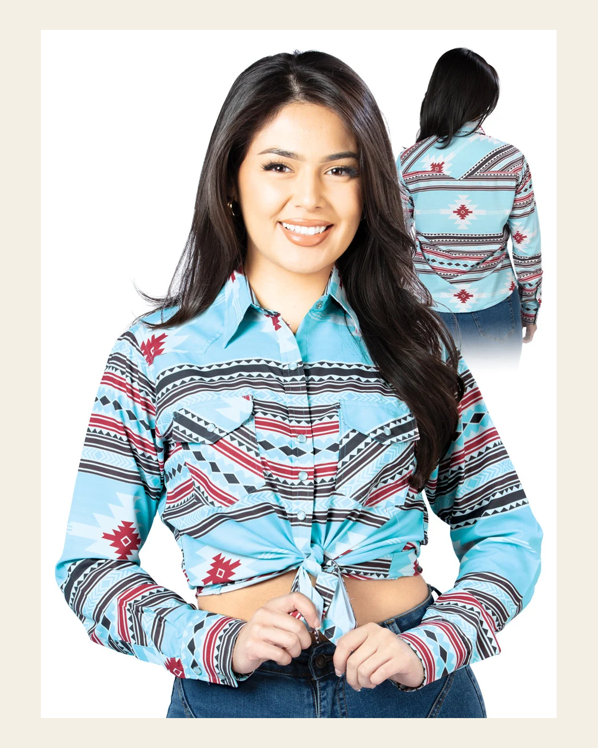 Women's Long Sleeve Western Fashion Snap Button Shirt - Blue 44206 on a warm cream background