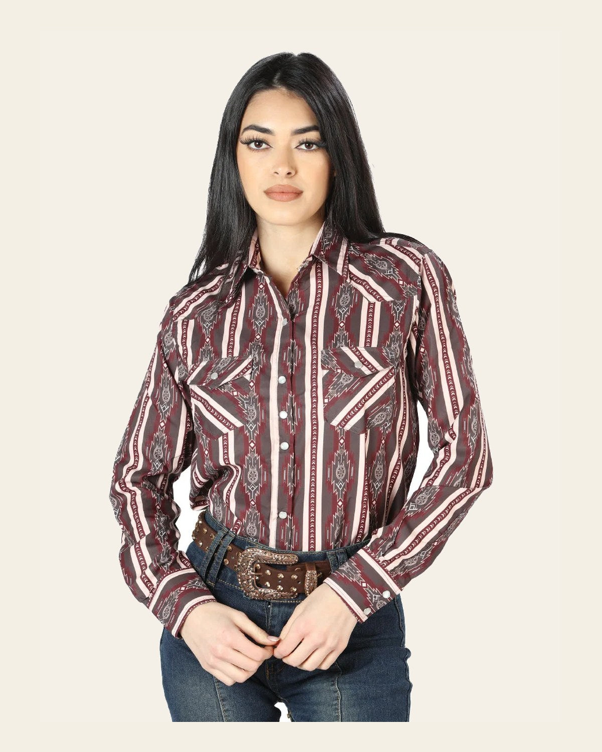 Women's Long Sleeve Western Fashion Snap Button Shirt - Brown 44215 on a warm cream background