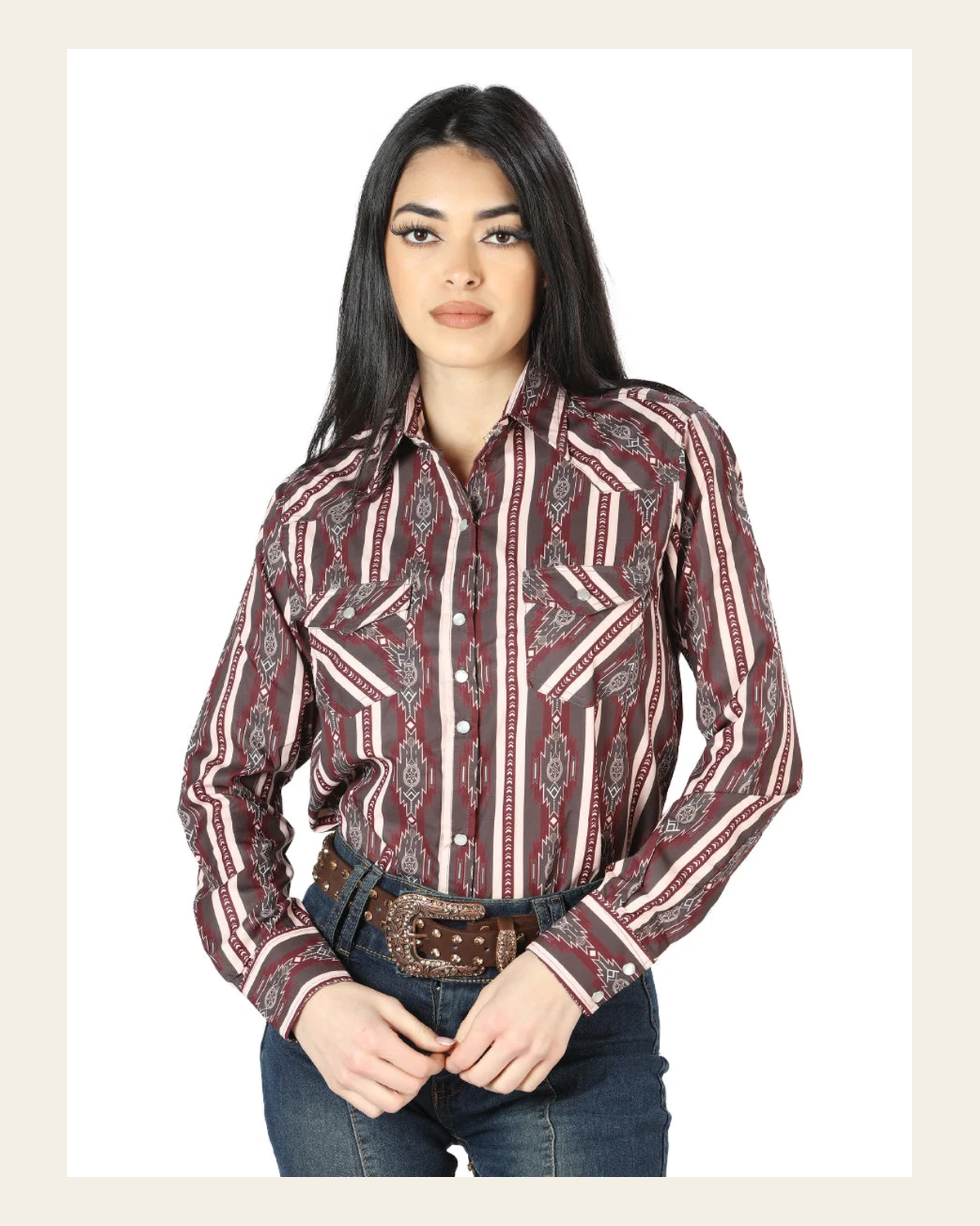 Women's Long Sleeve Western Fashion Snap Button Shirt - Brown 44215 on a warm cream background