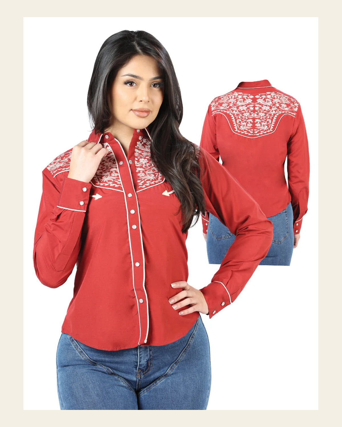 Women's Traditional Embroidered Western Shirt - Burgundy/Red 44184 on a warm cream background