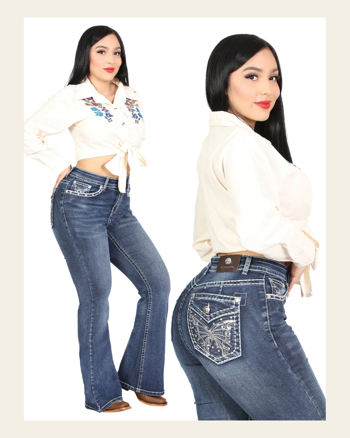 Women's Centenario Bootcut Denim Jeans- Dark Blue 45905 on a warm cream background
