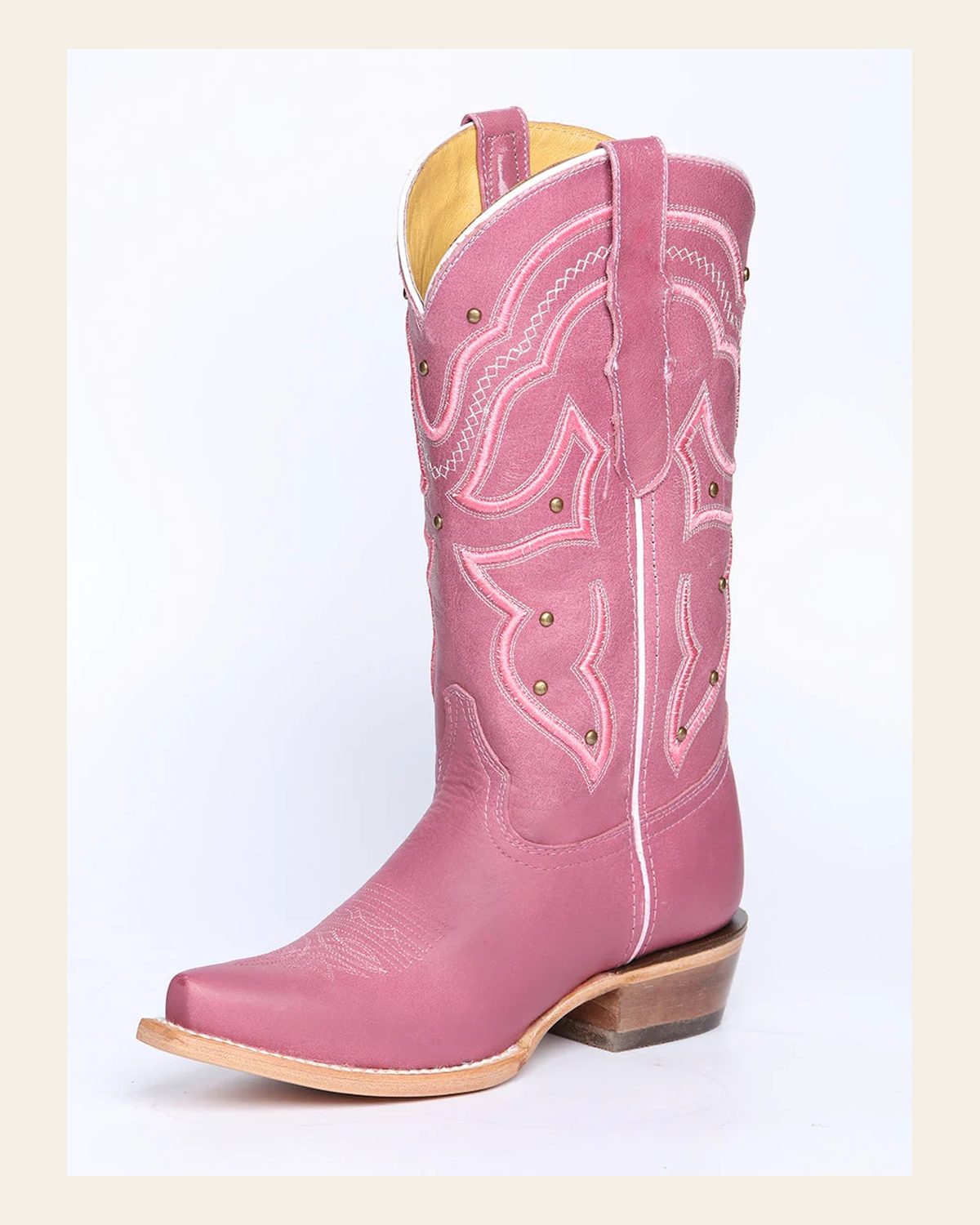 El General Women's Snip Toe Leather Cowboy Boot - Made in Mexico - Pink 45938 on a warm cream background