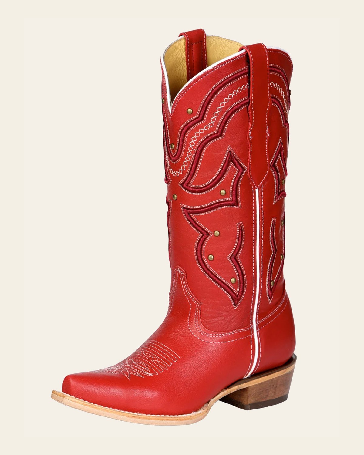 El General Women's Snip Toe Leather Cowboy Boot - Made in Mexico - Red 45937 on a warm cream background