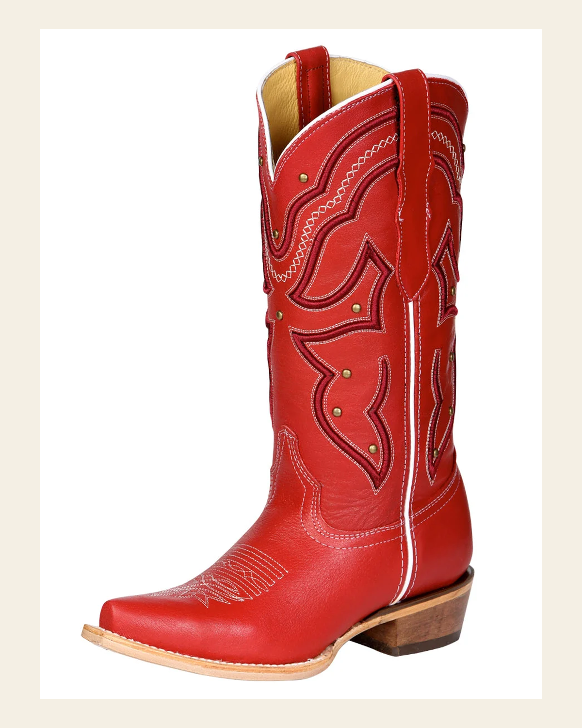 El General Women's Snip Toe Leather Cowboy Boot - Made in Mexico - Red 45937 on a warm cream background