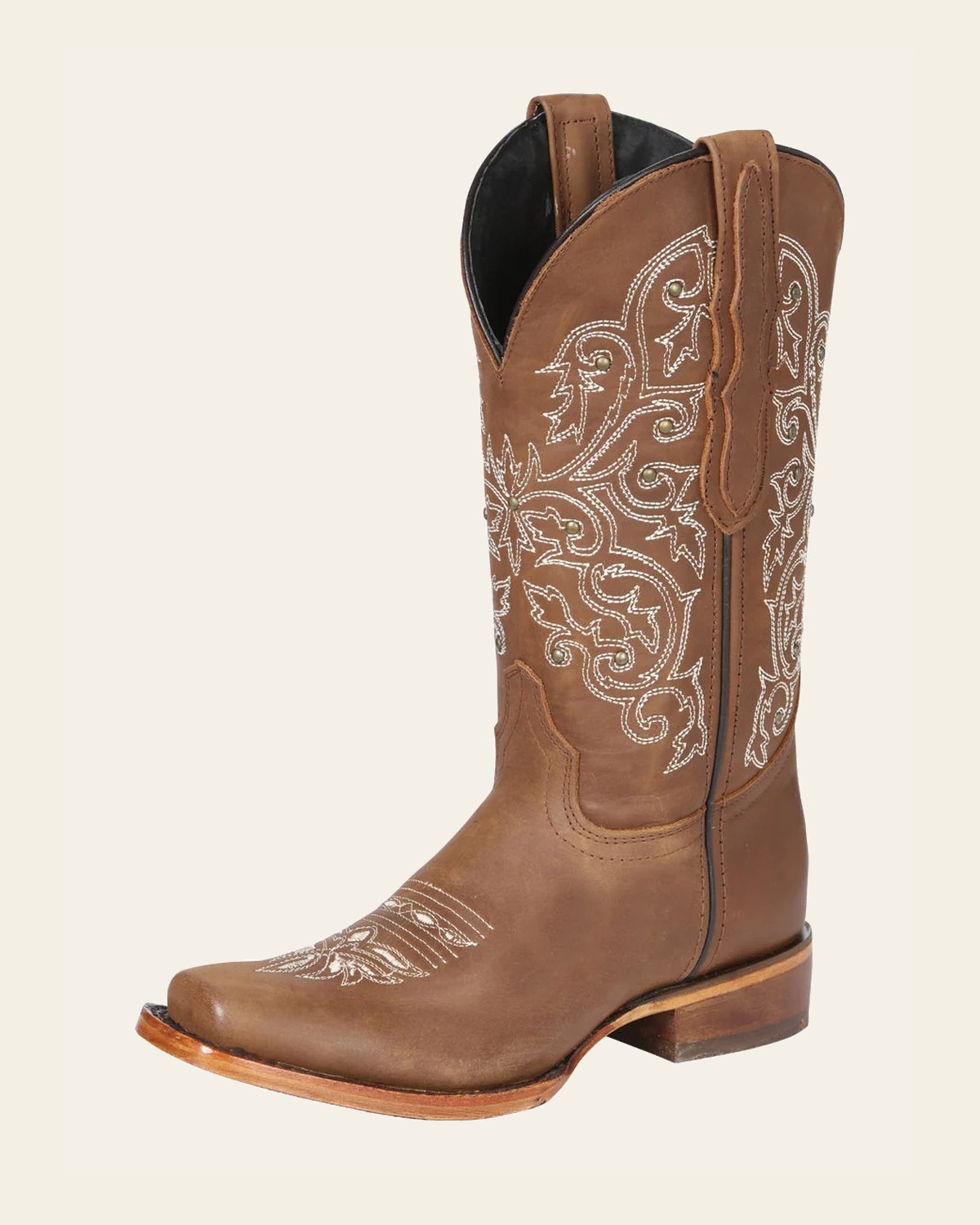 El General Women's Leather Cowgirl Boots - Made in Mexico - Honey Brown 45779 on a warm cream background