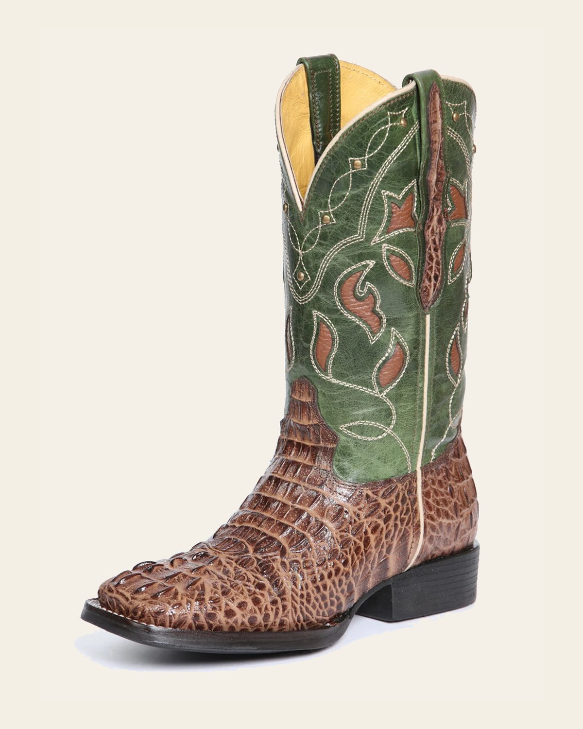 El General Women's Leather Cowgirl Boots - Embossed Crocodile Print - Brown 45940 on a warm cream background
