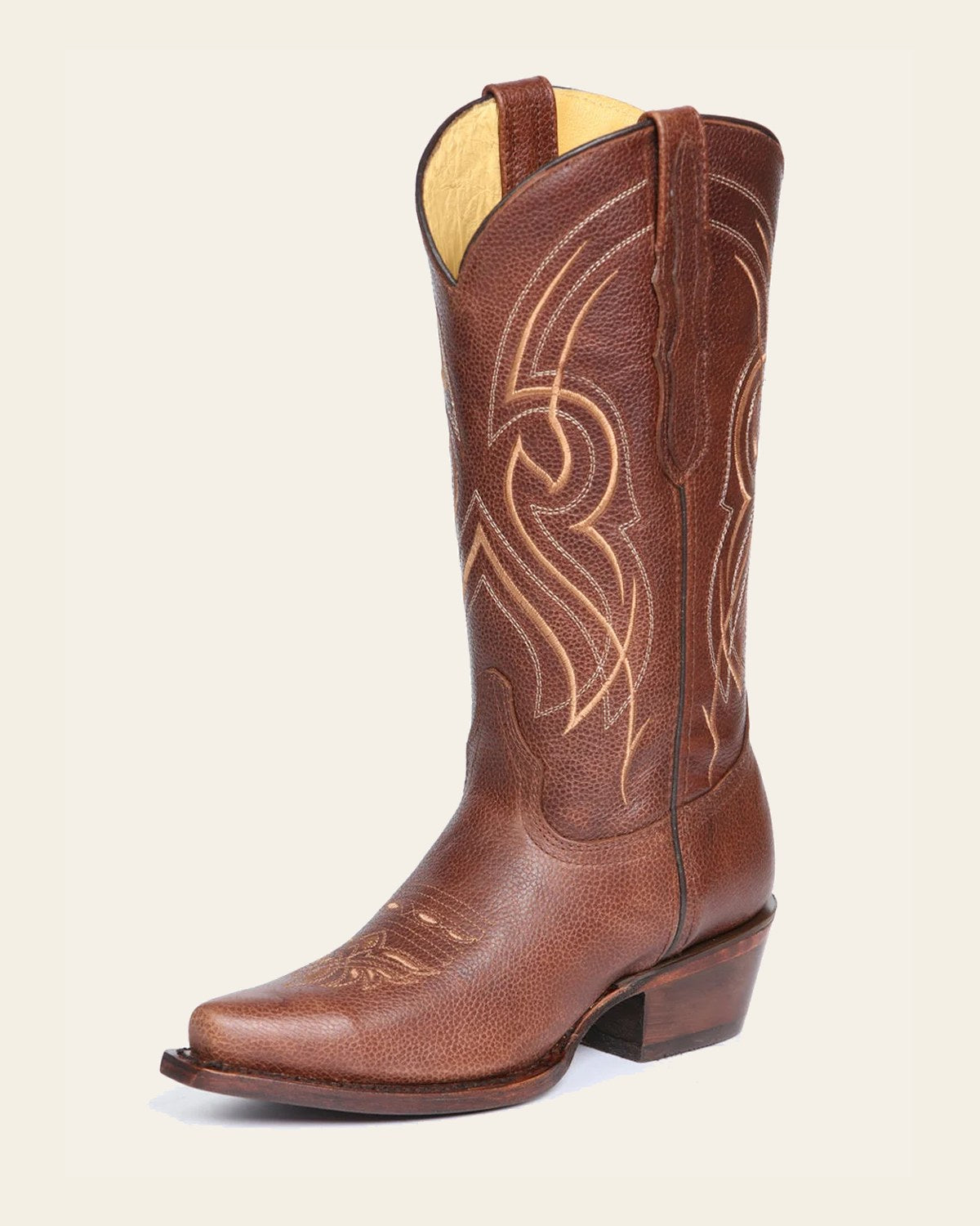 El General Women's Leather Cowgirl Boots - Made in Mexico - Cognac Brown 45935 on a warm cream background