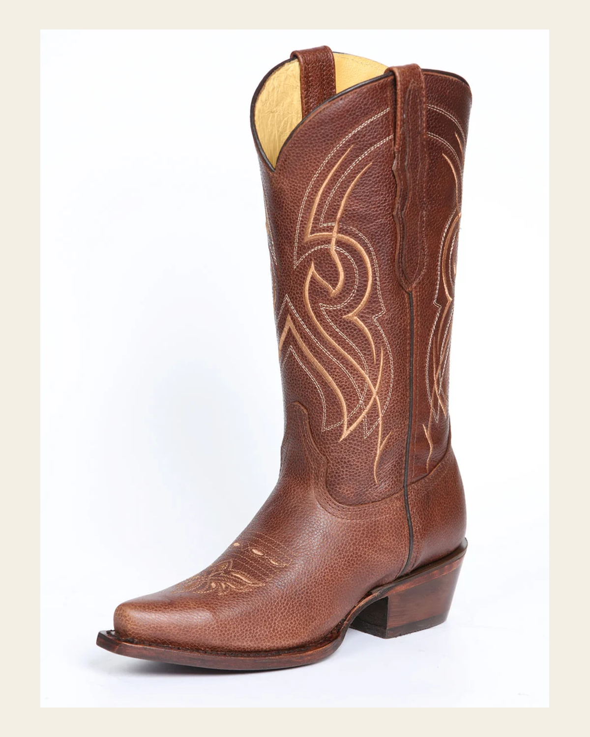 El General Women's Leather Cowgirl Boots - Made in Mexico - Cognac Brown 45935 on a warm cream background