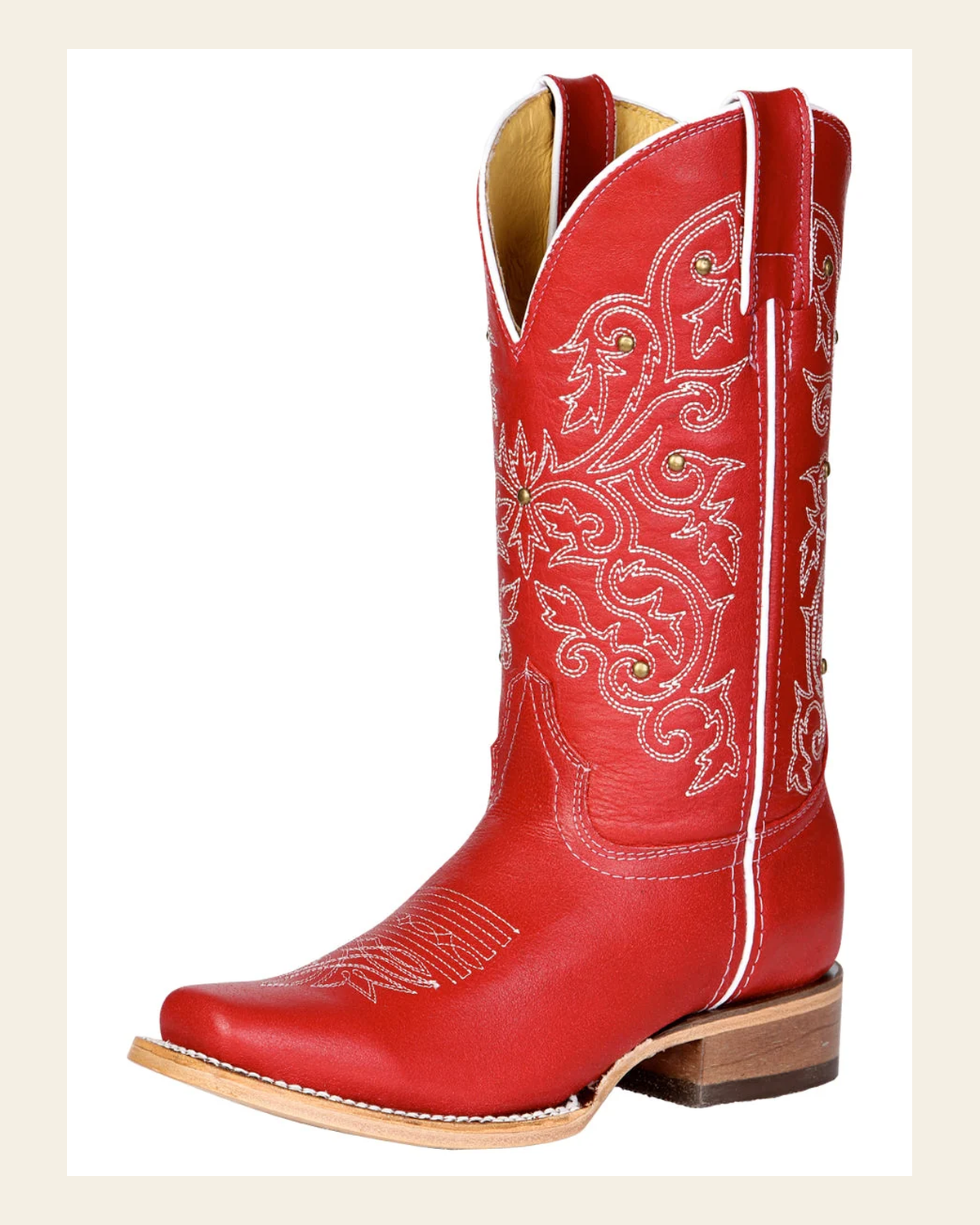 El General Women's Leather Cowboy Boot - Made in Mexico - Red 45932 on a warm cream background