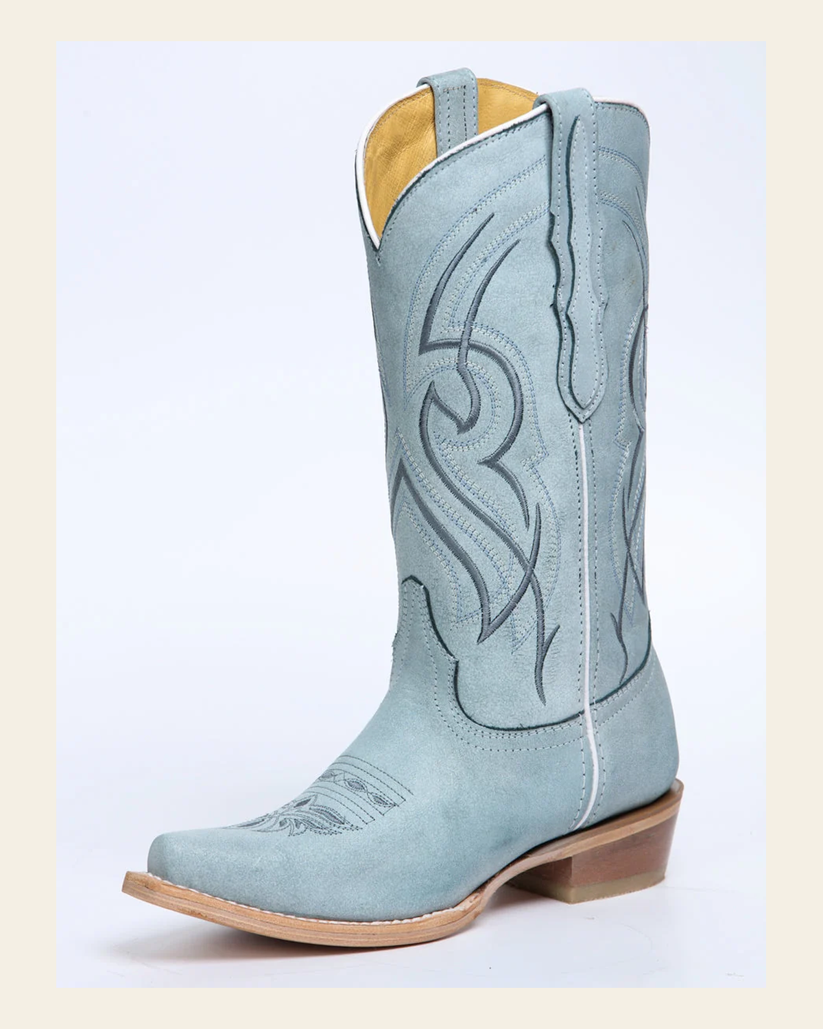 El General Women's Snip Toe Leather Cowboy Boot - Made in Mexico - Sky Blue 45934 on a warm cream background