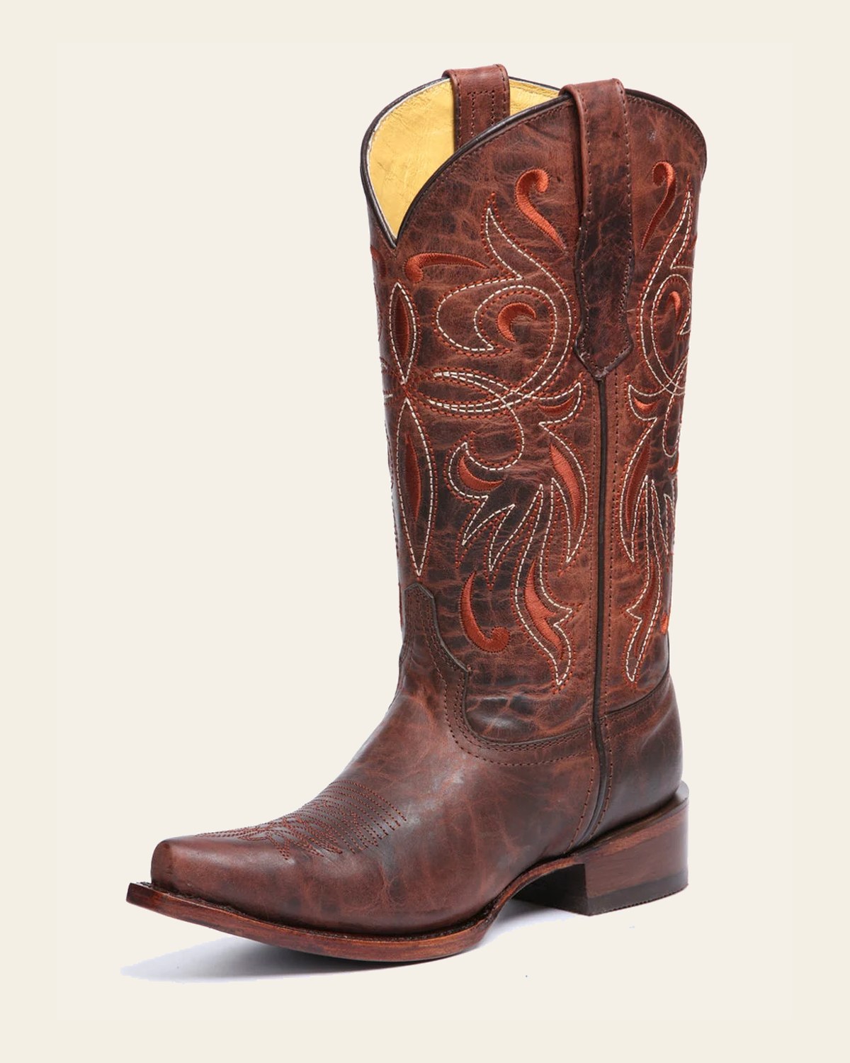 El General Women's Leather Cowgirl Boot - Made in Mexico - Timber Cognac Brown 45936 on a warm cream background