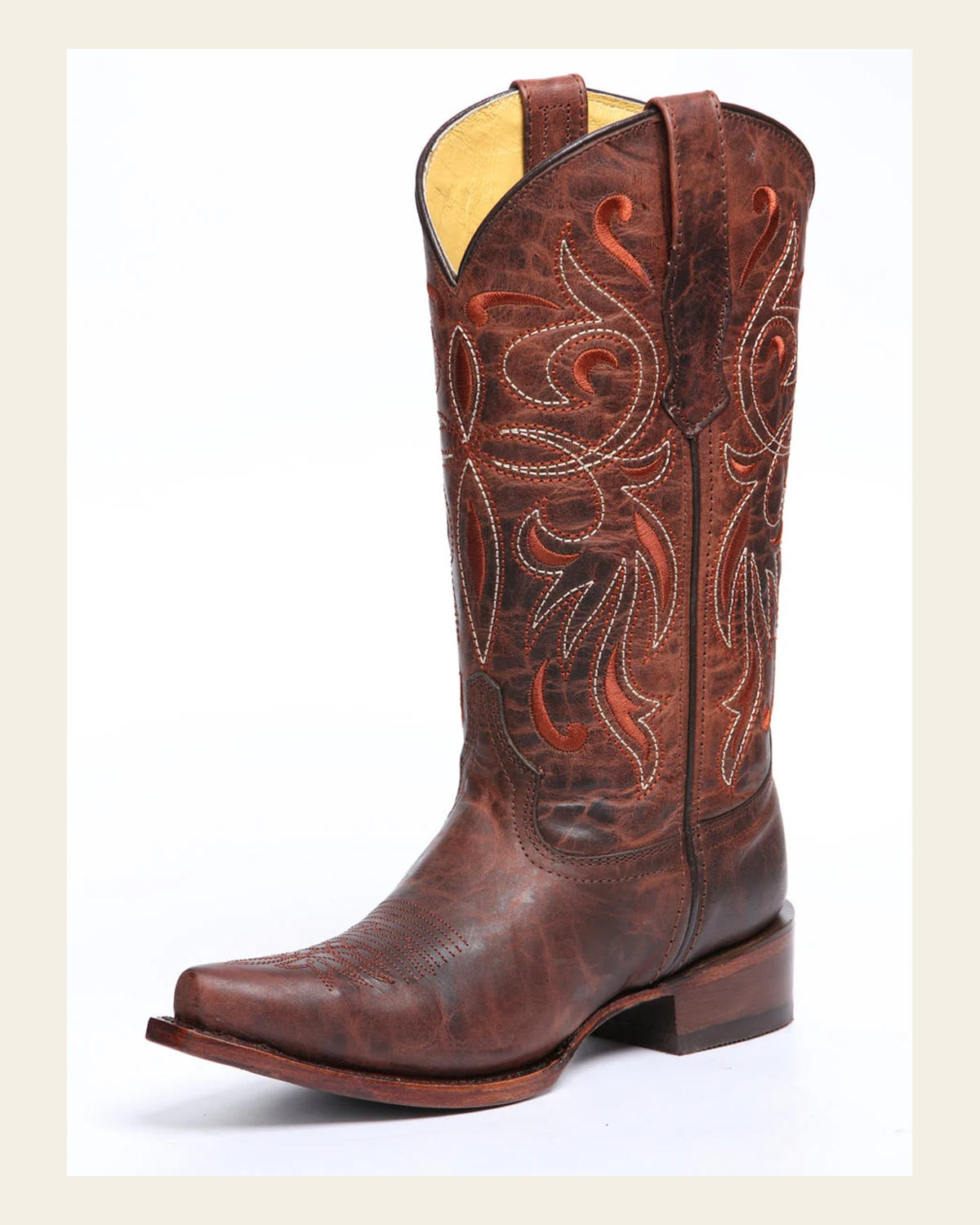 El General Women's Leather Cowgirl Boot - Made in Mexico - Timber Cognac Brown 45936 on a warm cream background
