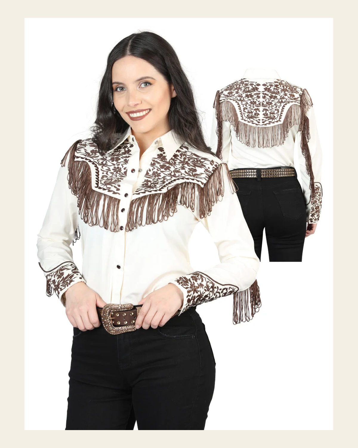 Women's Traditional Embroidered Western Shirt - Fringe Beige/Brown 44180 on a warm cream background