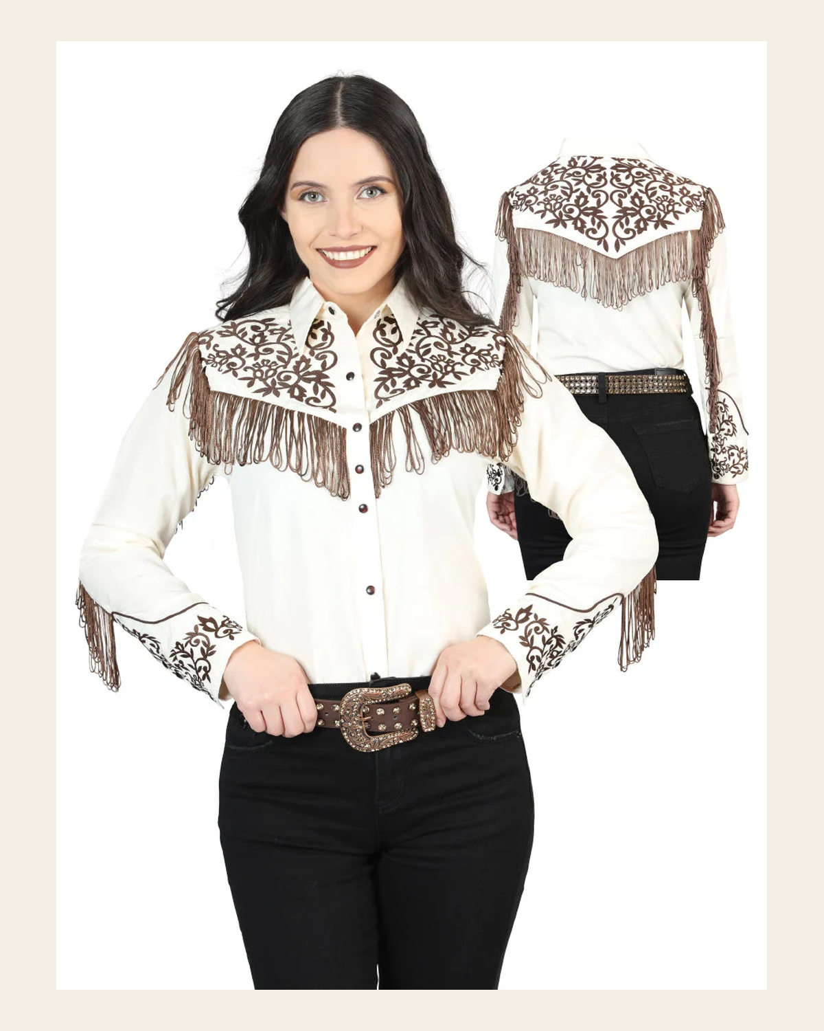 Women's Traditional Embroidered Western Shirt - Fringe Beige/Brown 44183 on a warm cream background