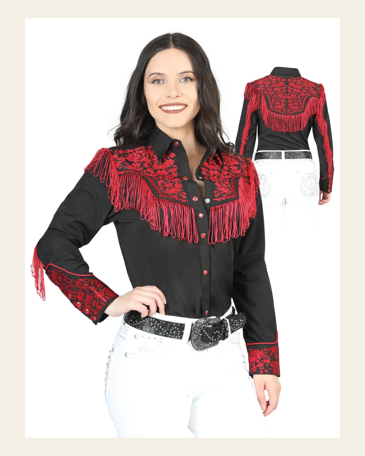 Women's Traditional Embroidered Western Shirt - Fringe Black/Red 44178 on a warm cream background