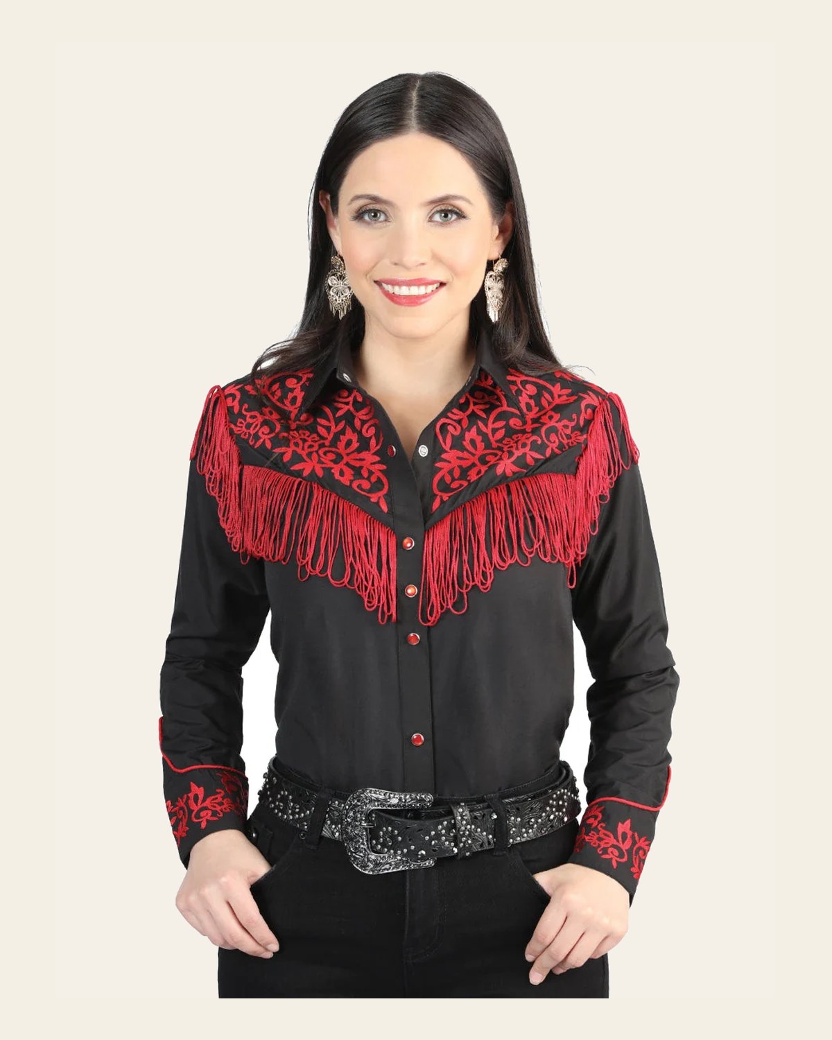 Women's Traditional Embroidered Western Shirt - Fringe Black/Red 44181 on a warm cream background