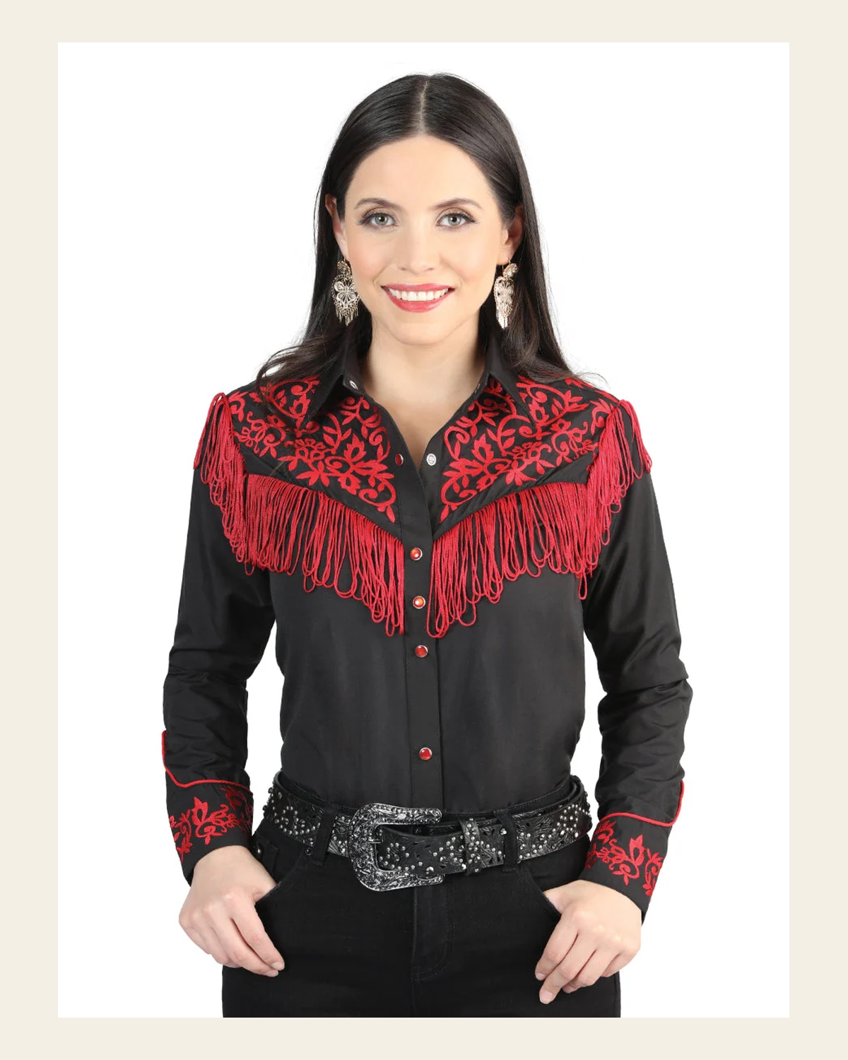 Women's Traditional Embroidered Western Shirt - Fringe Black/Red 44181 on a warm cream background