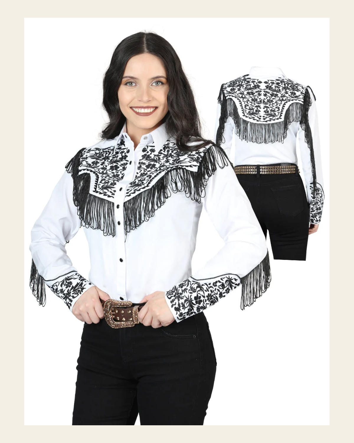 Women's Traditional Embroidered Western Shirt - Fringe White/Black 44179 on a warm cream background