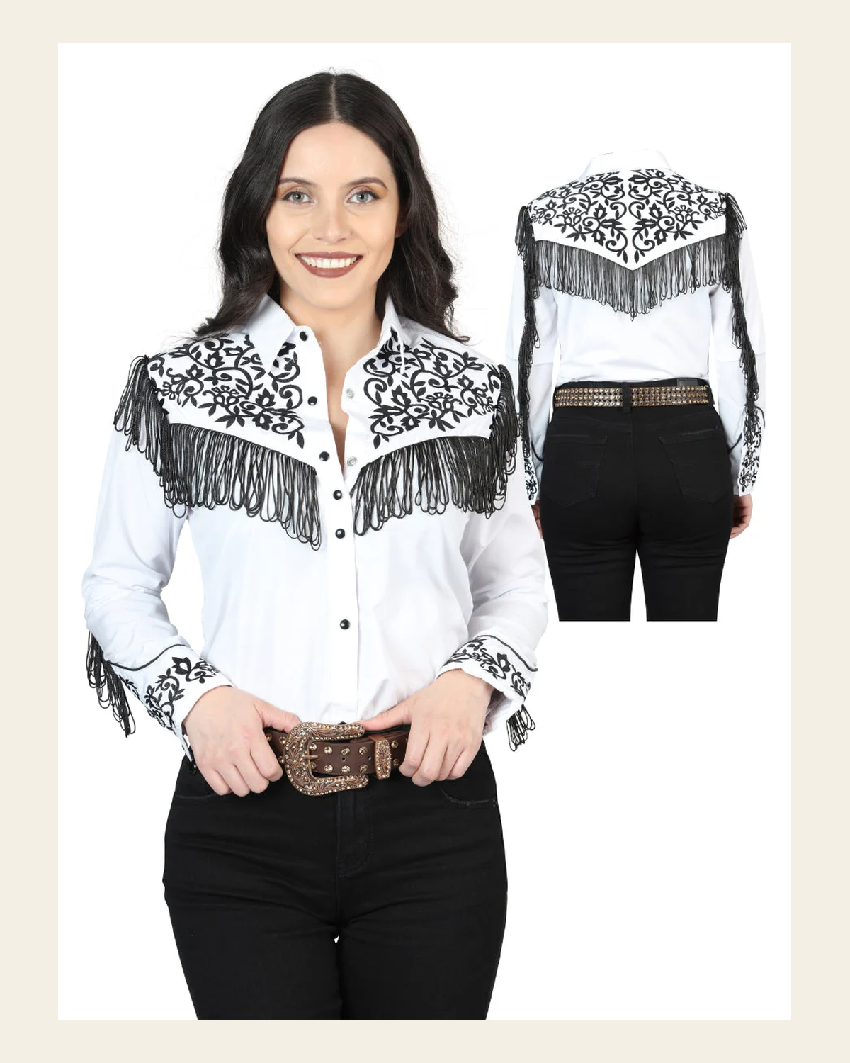 Women's Traditional Embroidered Western Shirt - Fringe White/Black 44182 on a warm cream background