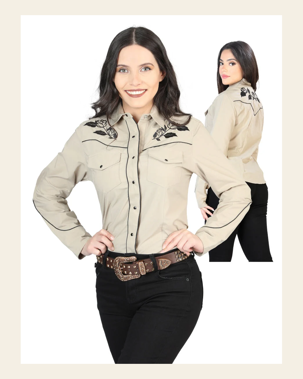Women's Traditional Embroidered Western Shirt - Khaki 42969 on a warm cream background