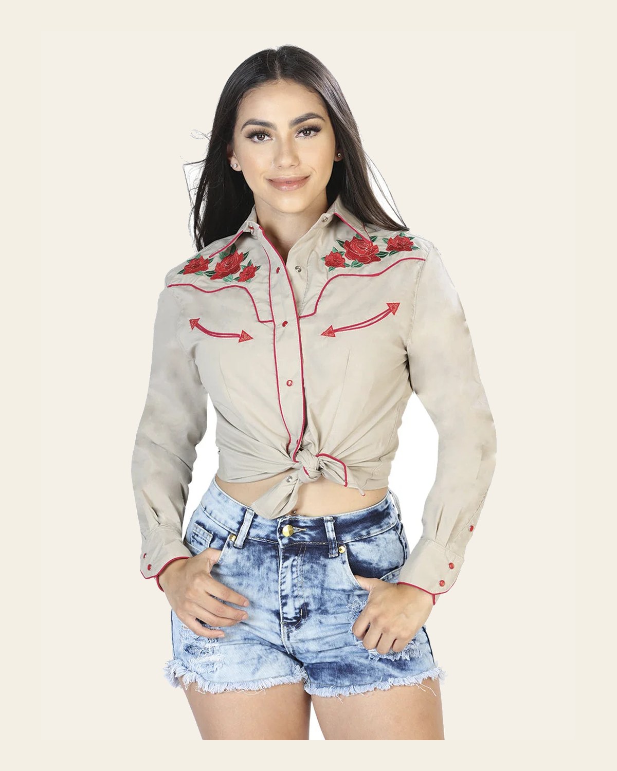 Women's Traditional Embroidered Western Shirt - Khaki/Red Floral 42963 on a warm cream background