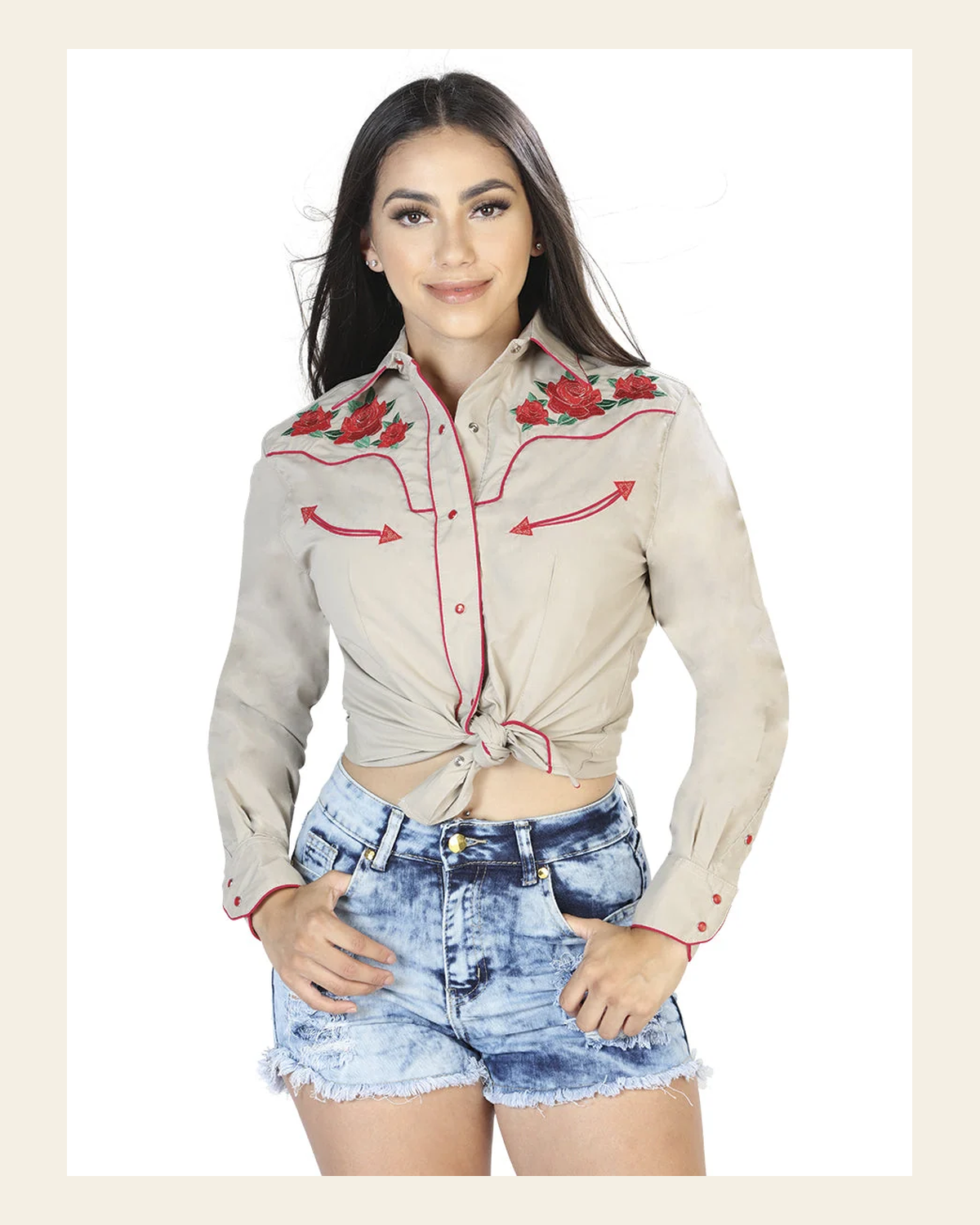 Women's Traditional Embroidered Western Shirt - Khaki/Red Floral 42963 on a warm cream background
