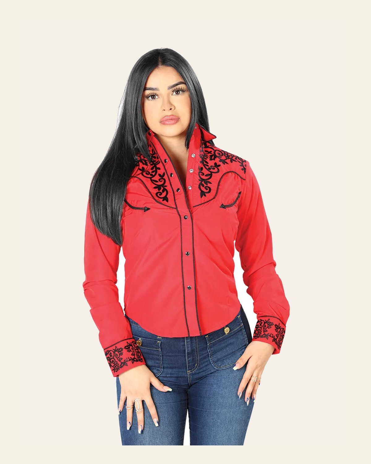 Womens Red Embroidered Western-style Blouse 126670 on a warm cream background