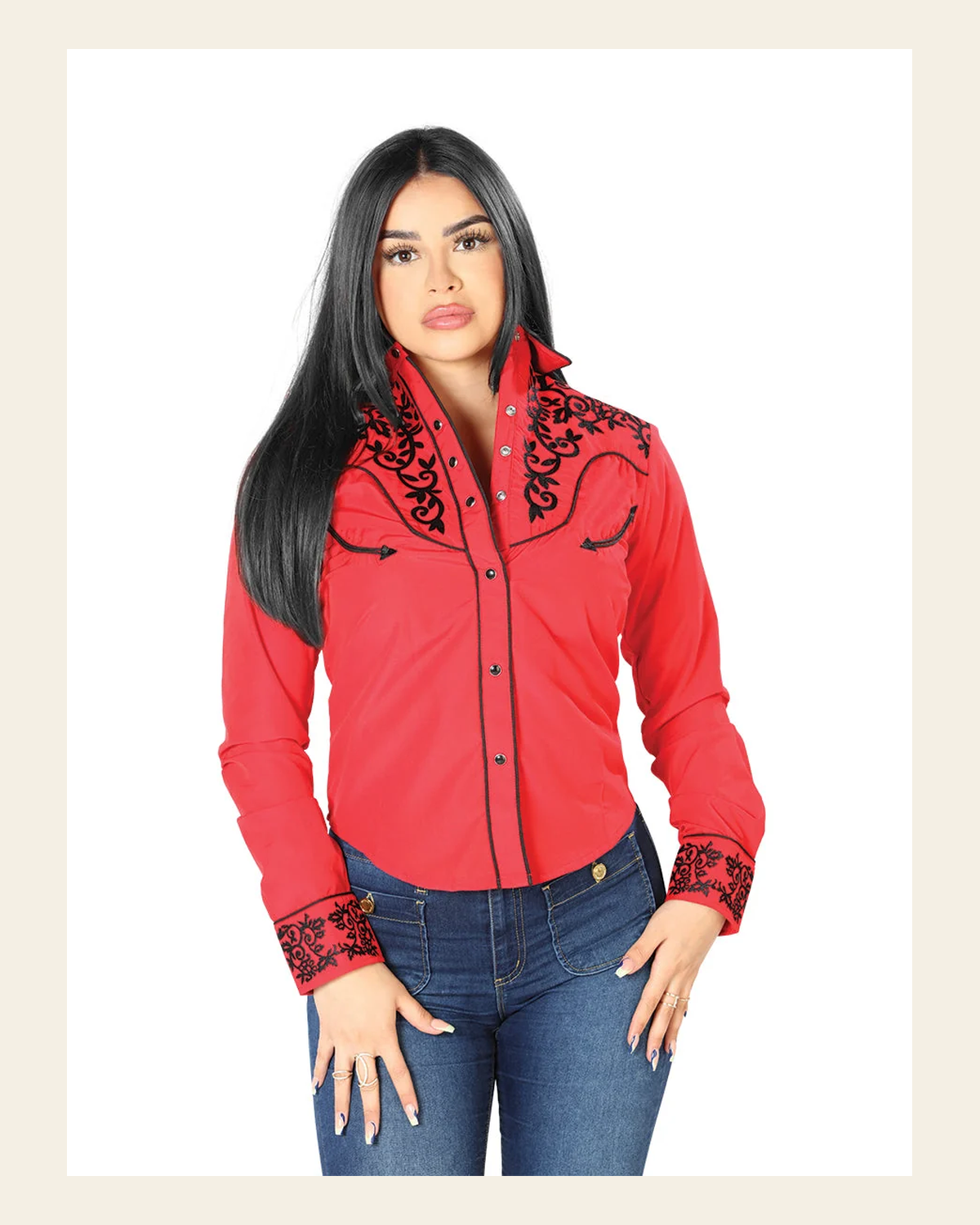 Womens Red Embroidered Western-style Blouse 126670 on a warm cream background