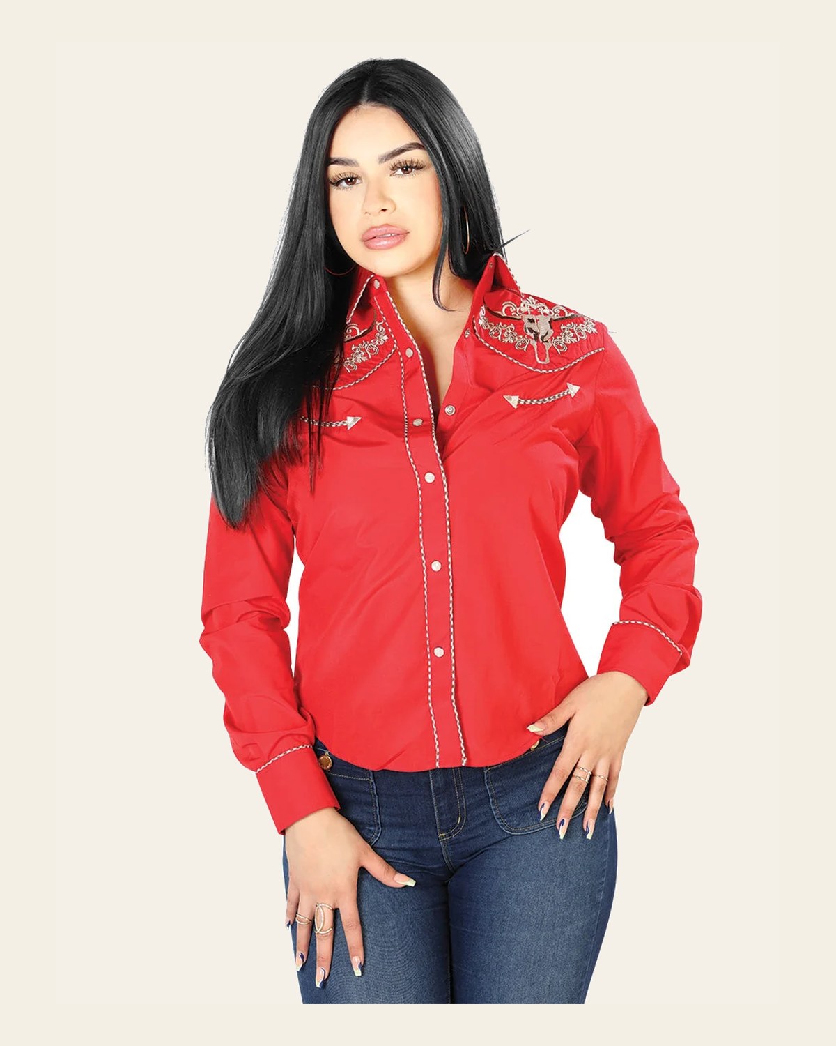 Womens Red Embroidered Western-style Blouse 126675 on a warm cream background