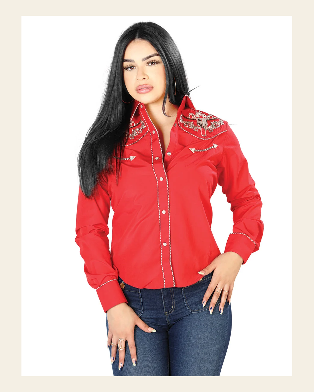 Womens Red Embroidered Western-style Blouse 126675 on a warm cream background