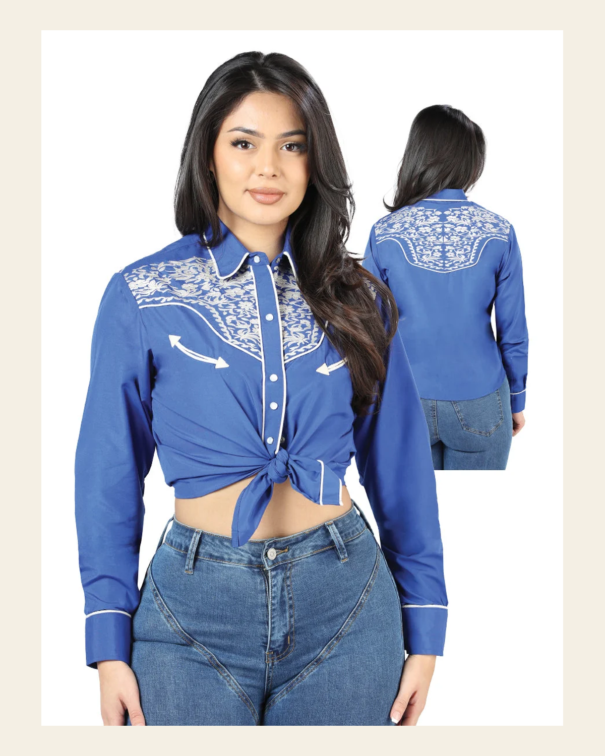 Women's Traditional Embroidered Western Shirt - Royal Blue 44185 on a warm cream background