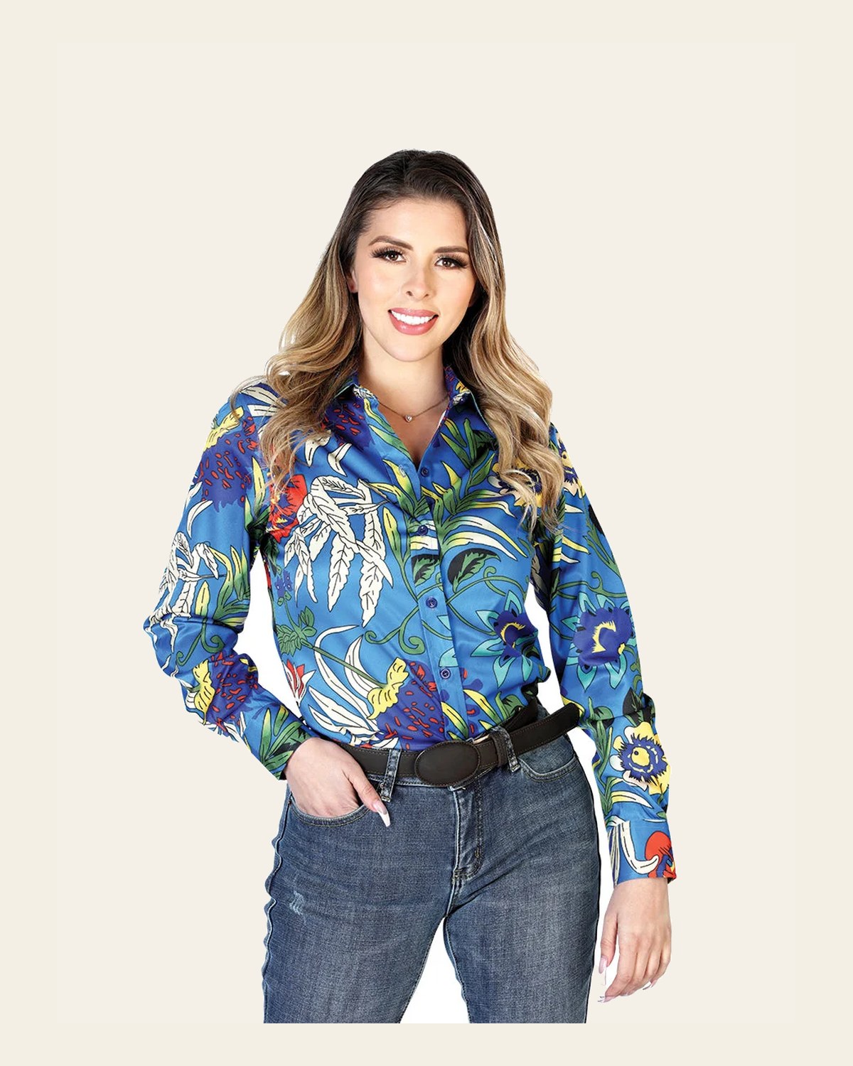 Womens Royal Blue Long Sleeve Western Shirt 43895 on a warm cream background