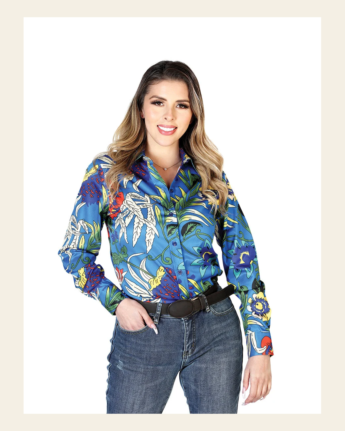 Womens Royal Blue Long Sleeve Western Shirt 43895 on a warm cream background
