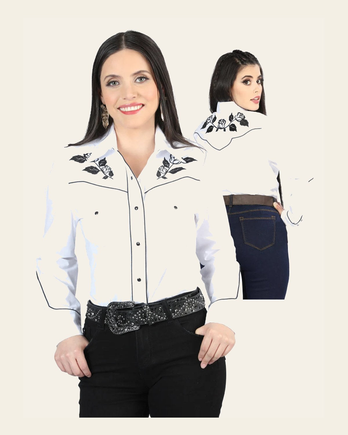 Women's Traditional Embroidered Western Shirt - White 42970 on a warm cream background
