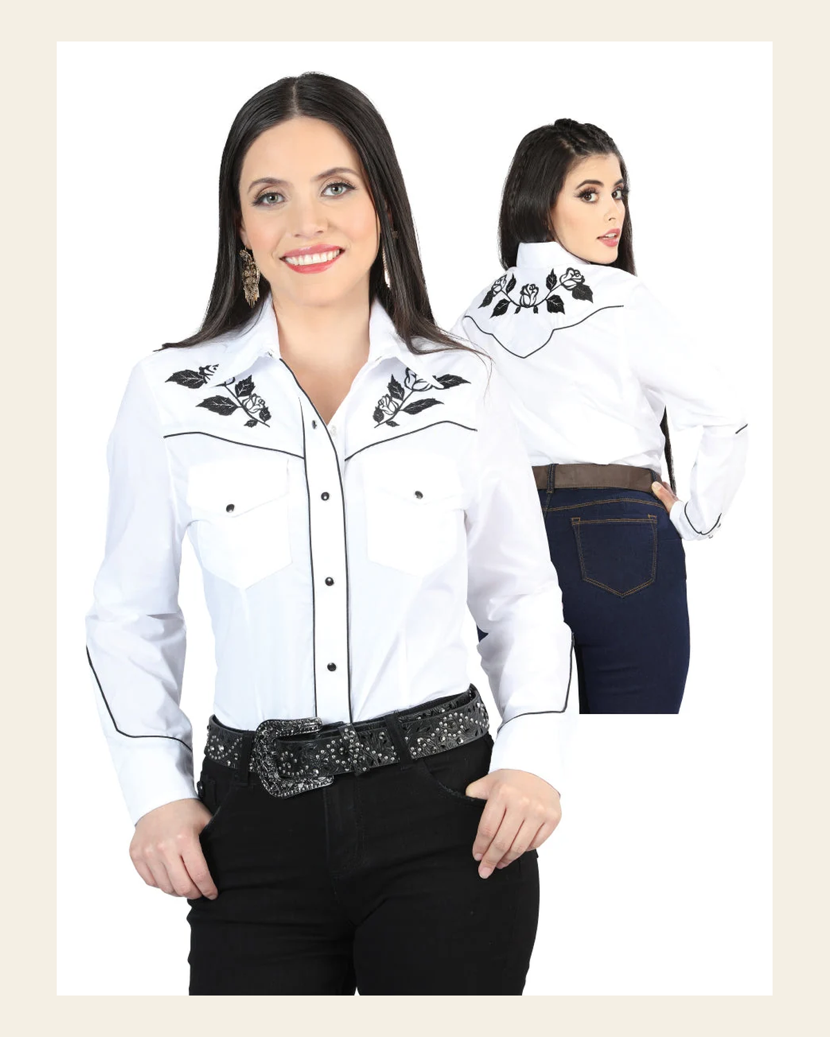 Women's Traditional Embroidered Western Shirt - White 42970 on a warm cream background