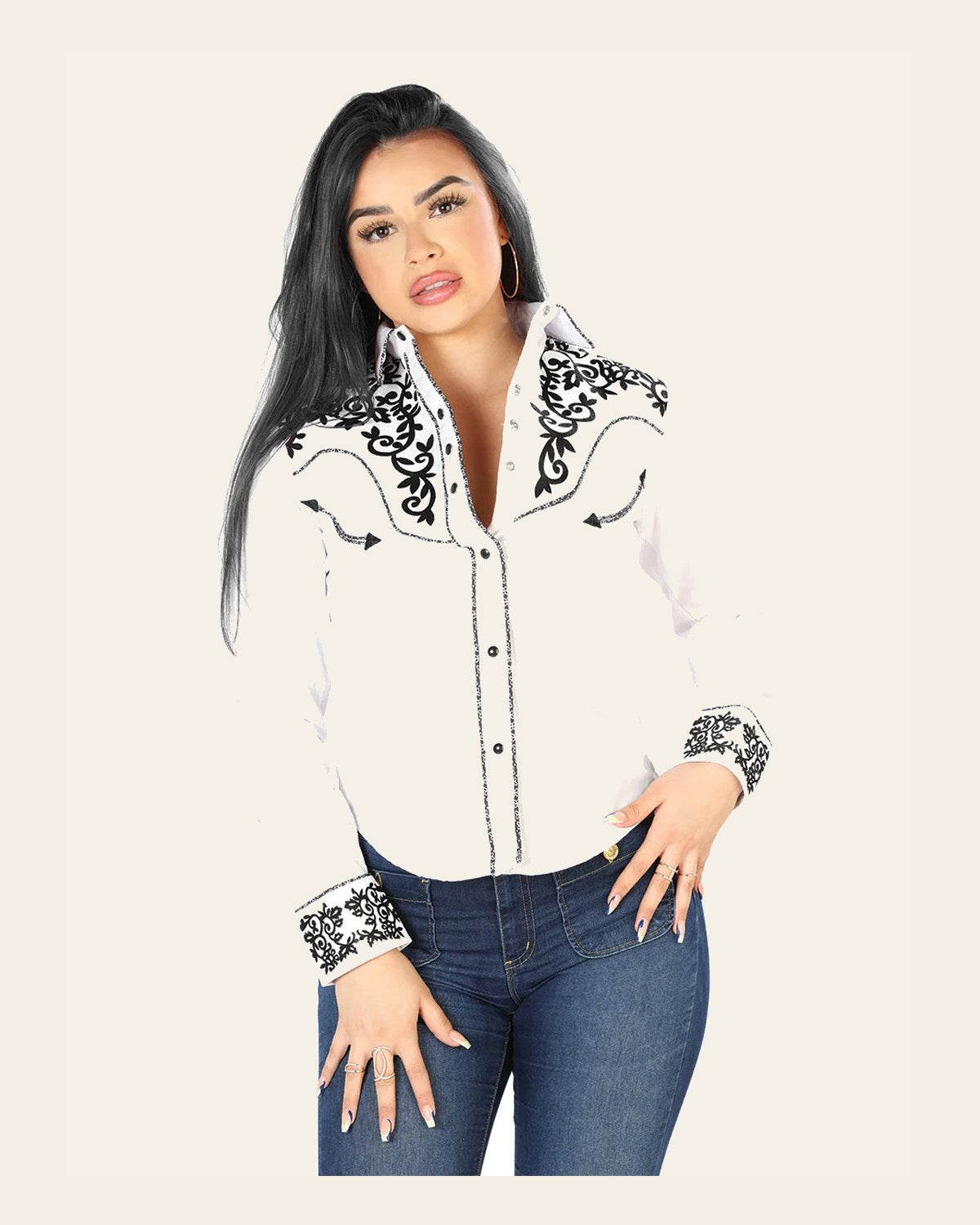 Womens White Embroidered Western-style Blouse 126669 on a warm cream background