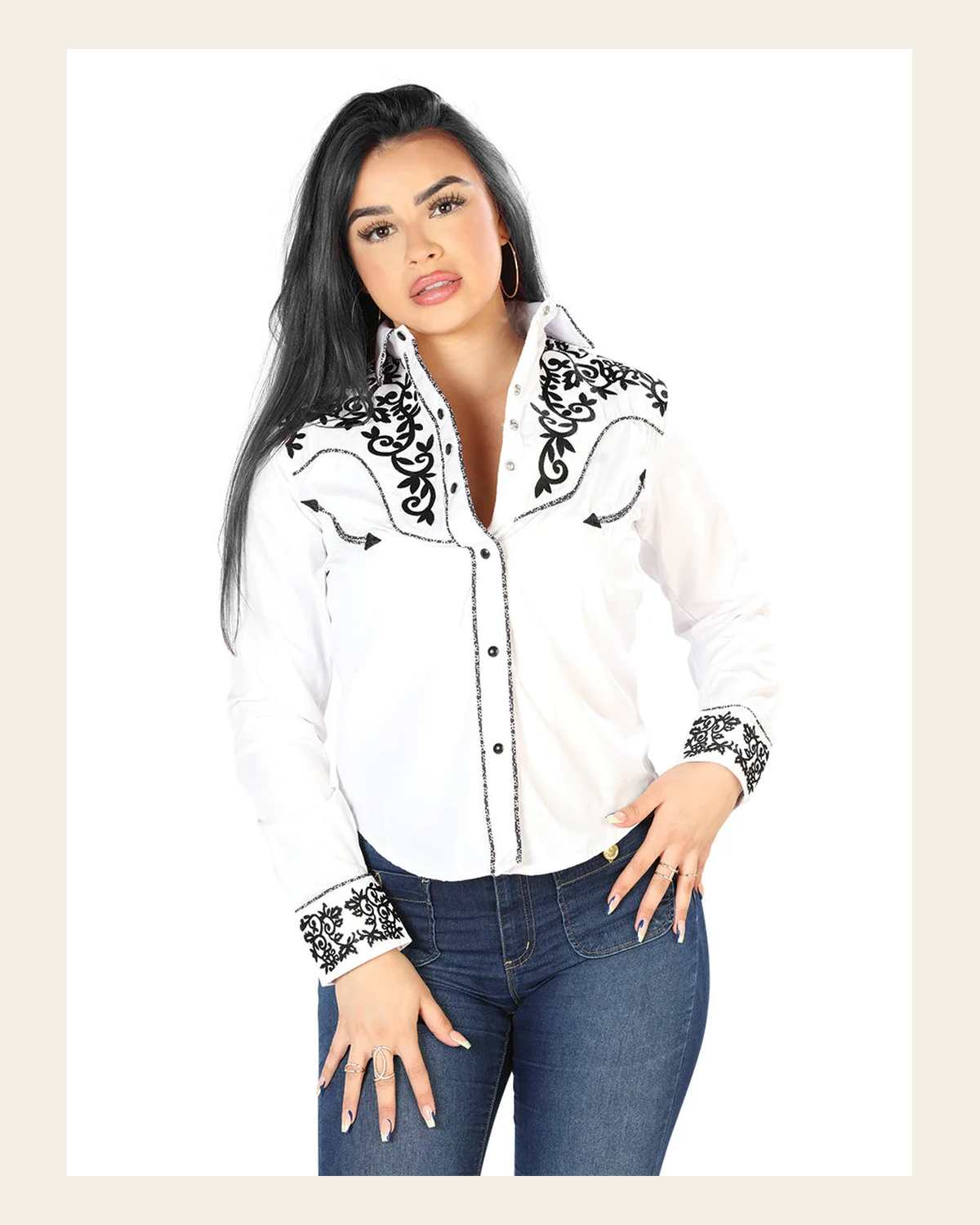 Womens White Embroidered Western-style Blouse 126669 on a warm cream background