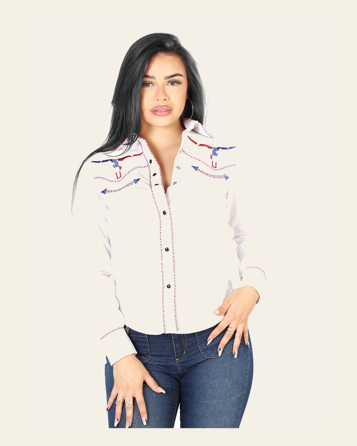 Womens White Embroidered Western-style Blouse 126681 on a warm cream background