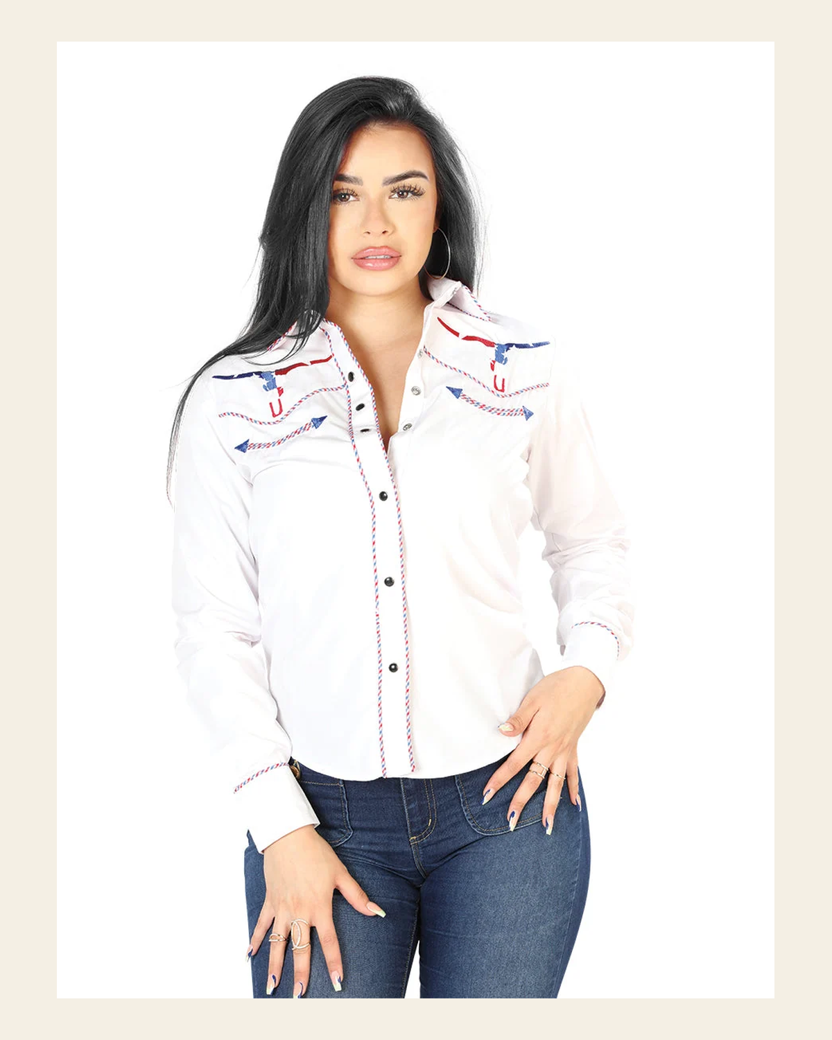 Womens White Embroidered Western-style Blouse 126681 on a warm cream background