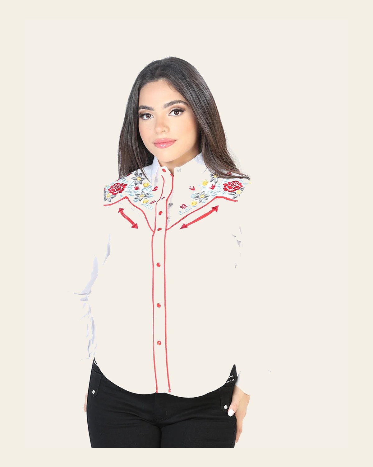 Womens White Embroidered Western-style Blouse 126686 on a warm cream background