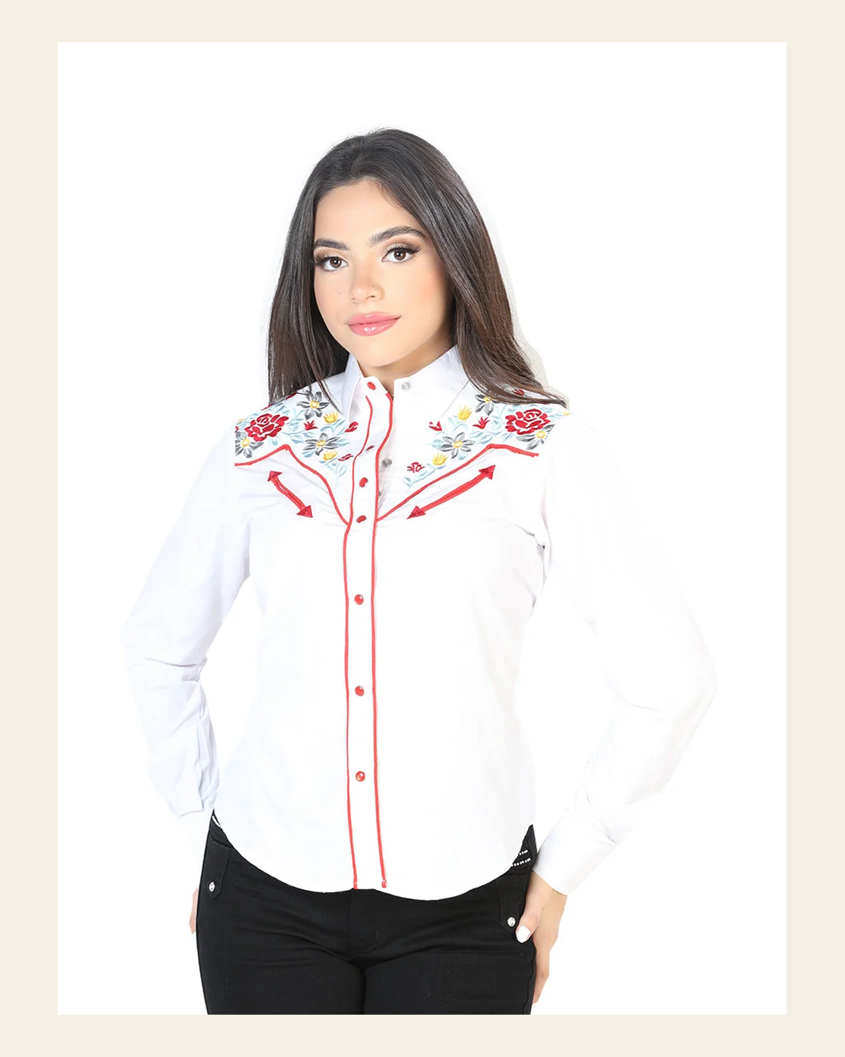 Womens White Embroidered Western-style Blouse 126686 on a warm cream background