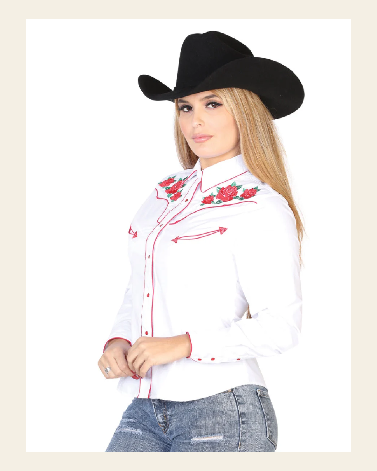 Women's Traditional Embroidered Western Shirt - White/Red Floral 42964 on a warm cream background