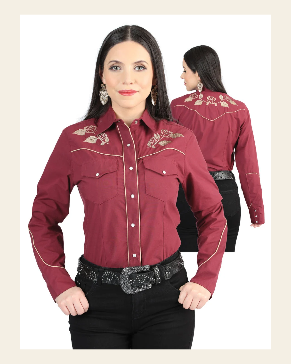Women's Traditional Embroidered Western Shirt - Wine 42971 on a warm cream background
